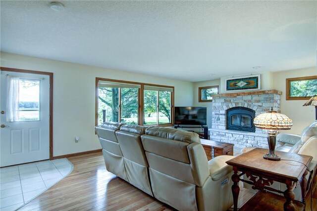 1897 Breezy Bay Rd, Balsam Lake, WI 54810 - living area with baseboards, light wood-style flooring, and a fireplace