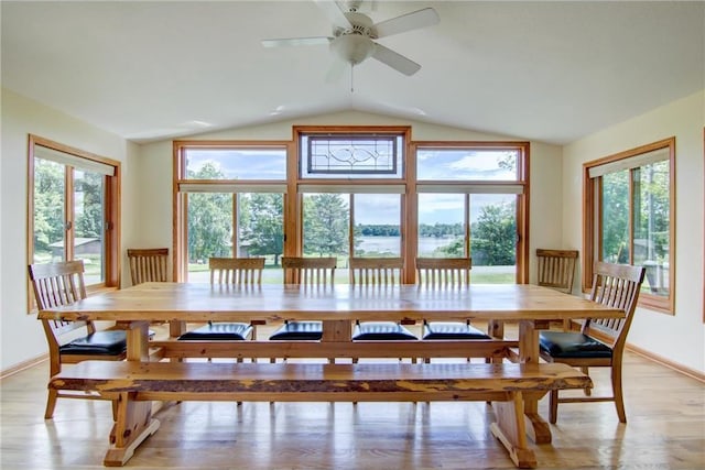 1897 Breezy Bay Rd, Balsam Lake, WI 54810 - dining room with baseboards, light wood-type flooring, vaulted ceiling, and a healthy amount of sunlight