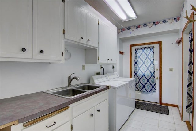 1897 Breezy Bay Rd, Balsam Lake, WI 54810 - clothes washing area with a sink, light tile patterned floors, cabinet space, and washer and dryer