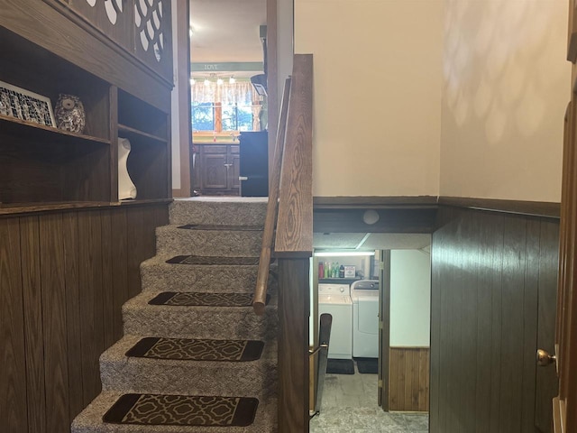 266 Forest St, Berlin, WI 54926 - stairs featuring wood walls, a wainscoted wall, and washing machine and clothes dryer