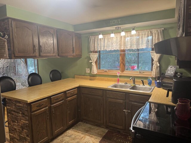 266 Forest St, Berlin, WI 54926 - kitchen featuring dark brown cabinetry, a sink, light countertops, black electric range oven, and a peninsula