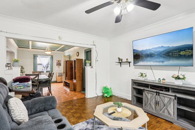 3025 W Pierce St, Milwaukee, WI 53215 - living area featuring baseboards, ornamental molding, and a ceiling fan
