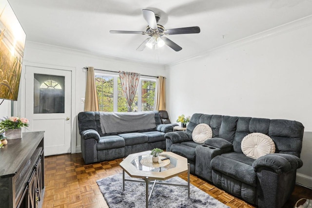 3025 W Pierce St, Milwaukee, WI 53215 - living area featuring ceiling fan and ornamental molding
