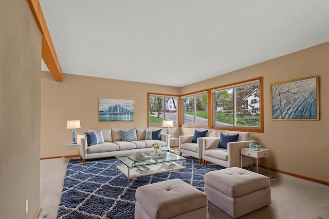 living area featuring carpet floors and baseboards