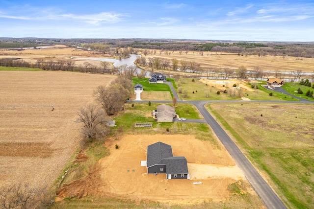 aerial view featuring a water view and a rural view