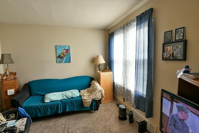 living area featuring carpet flooring