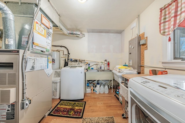 556 Gold St, Green Lake, WI 54941 - washroom with wood finished floors, washing machine and clothes dryer, and electric panel