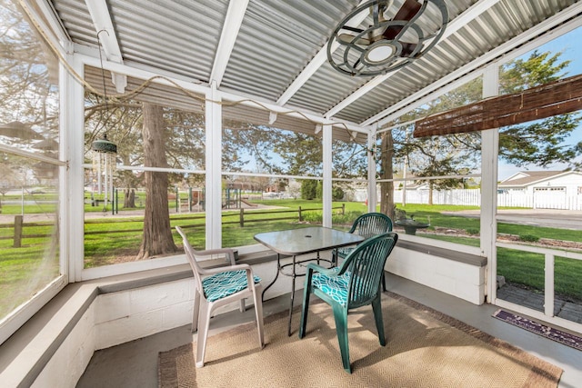 556 Gold St, Green Lake, WI 54941 - sunroom / solarium featuring ceiling fan and outdoor dining space
