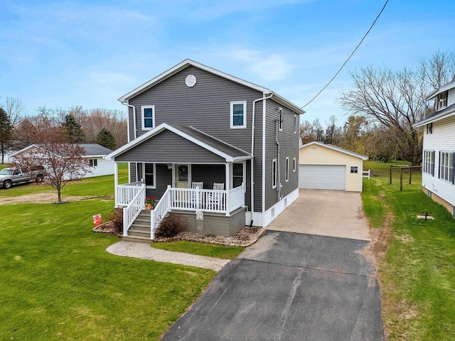 traditional-style home with covered porch, crawl space, an outdoor structure, a front yard, and a detached garage