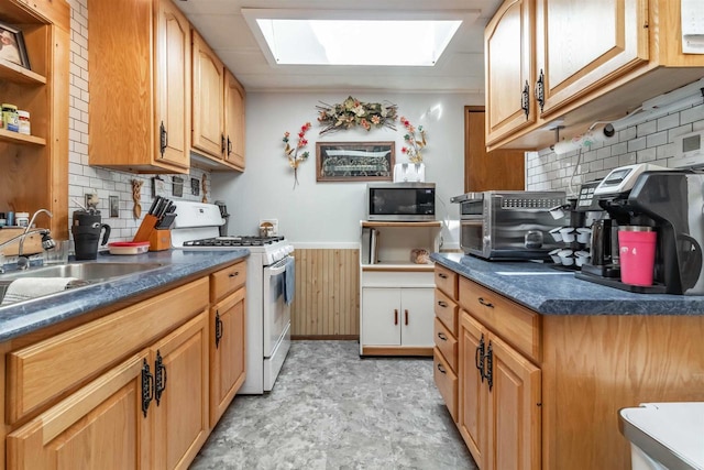 976 Blackhawk Ct, Hancock, WI 54943 - kitchen with open shelves, gas range gas stove, stainless steel microwave, a sink, and a skylight