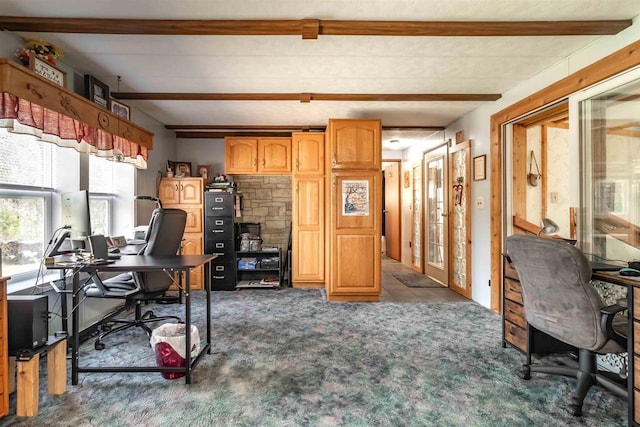 976 Blackhawk Ct, Hancock, WI 54943 - office area featuring carpet flooring and beamed ceiling