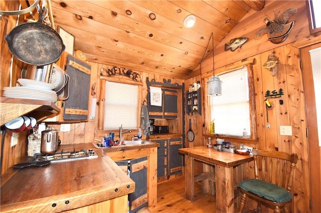 kitchen with wood walls, wood finished floors, dishwasher, a sink, and lofted ceiling