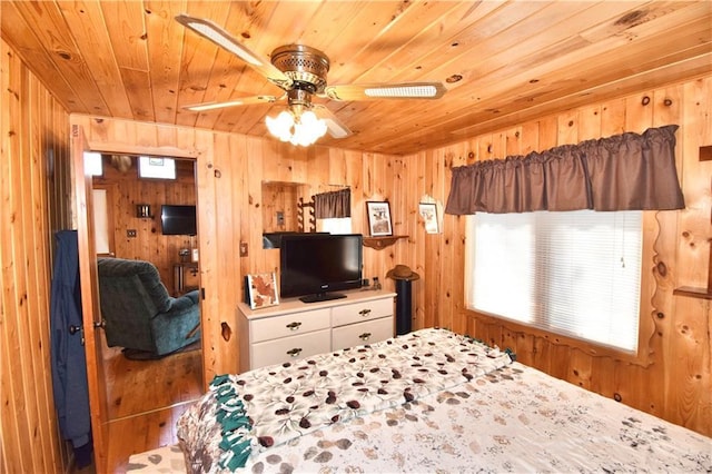 bedroom featuring wooden ceiling and wood walls