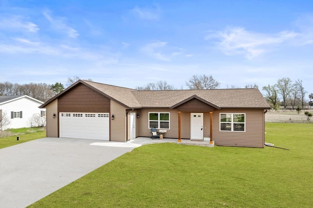 ranch-style home featuring concrete driveway, a shingled roof, a front lawn, and a garage