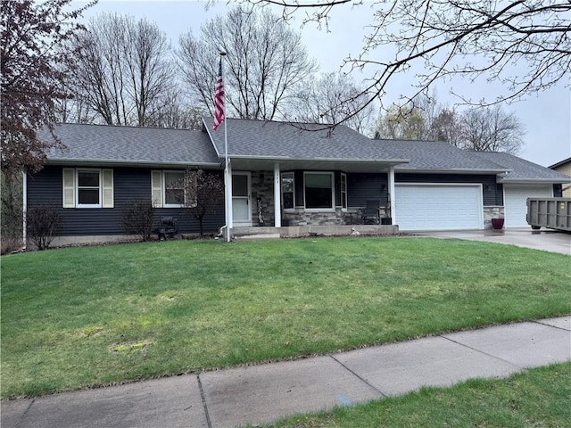 323 Hewitt St, Eau Claire, WI 54701 - ranch-style house with a garage, covered porch, roof with shingles, and a front yard