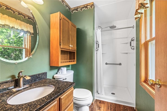 323 Hewitt St, Eau Claire, WI 54701 - bathroom featuring a shower stall, toilet, wood finished floors, and vanity