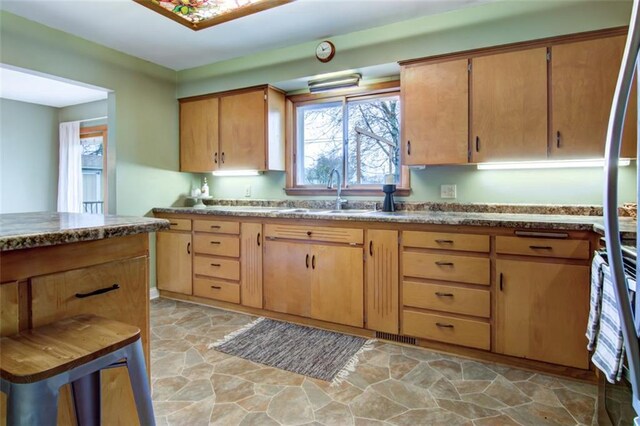 2015 Valmont Ave, Eau Claire, WI 54701 - kitchen with visible vents, a sink, stove, and stone finish floor