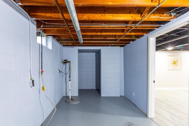 unfinished basement featuring concrete block wall