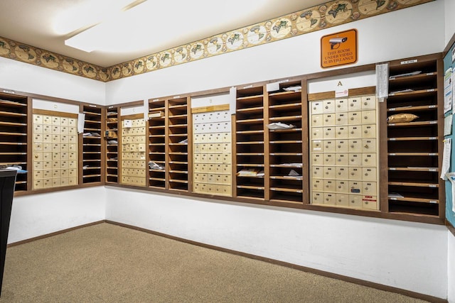 wine area featuring baseboards, carpet flooring, and mail area