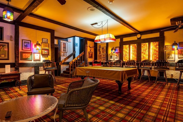 playroom featuring billiards, beamed ceiling, and carpet floors