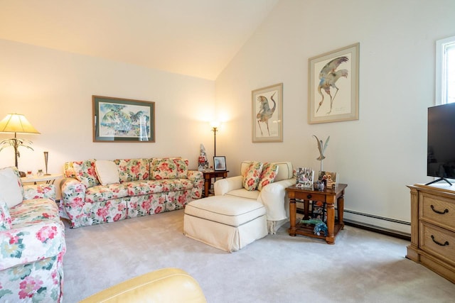 living area with a baseboard heating unit, lofted ceiling, and carpet