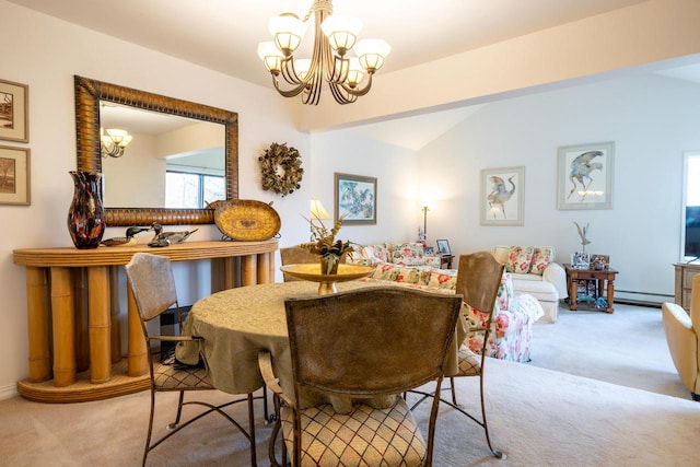 dining area featuring an inviting chandelier, carpet, a baseboard heating unit, and vaulted ceiling