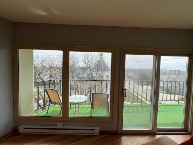 entryway featuring plenty of natural light, baseboard heating, and wood finished floors