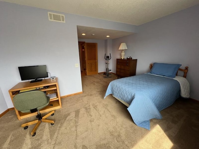 bedroom featuring carpet flooring, recessed lighting, baseboards, and visible vents