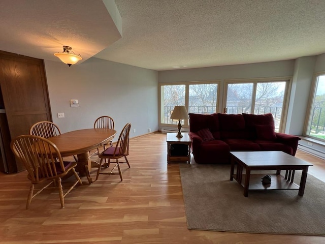living room featuring plenty of natural light, a textured ceiling, and light wood finished floors