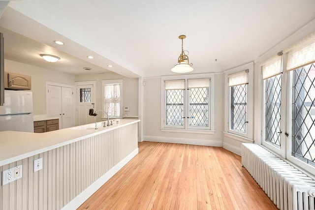 interior space with a sink, light wood-style floors, radiator heating unit, freestanding refrigerator, and baseboards