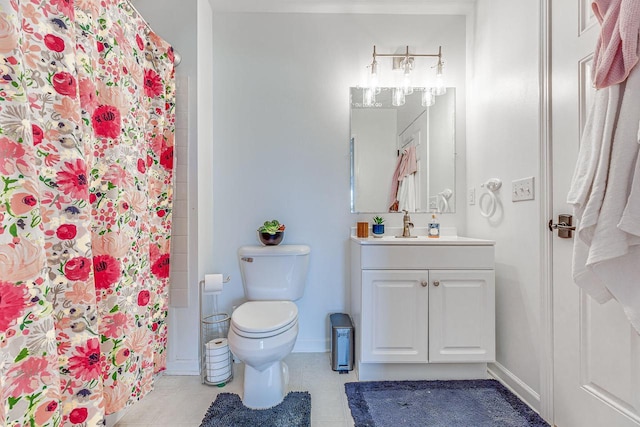 183 Twin Valley Trl, Cedar Grove, WI 53013 - bathroom featuring a shower with curtain, tile patterned flooring, vanity, baseboards, and toilet
