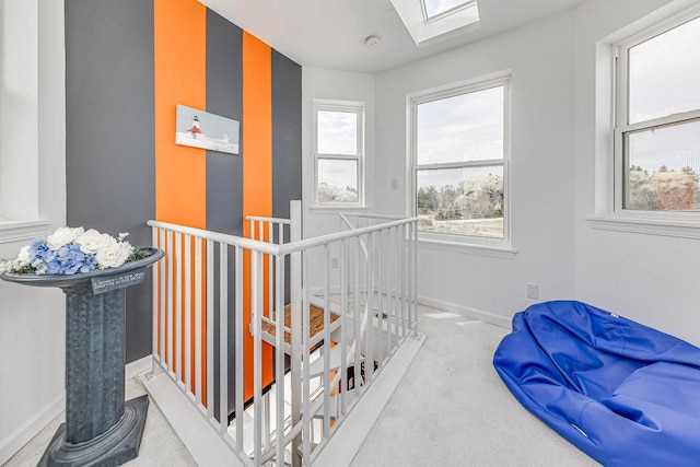 183 Twin Valley Trl, Cedar Grove, WI 53013 - hallway with a skylight, baseboards, carpet, and an upstairs landing