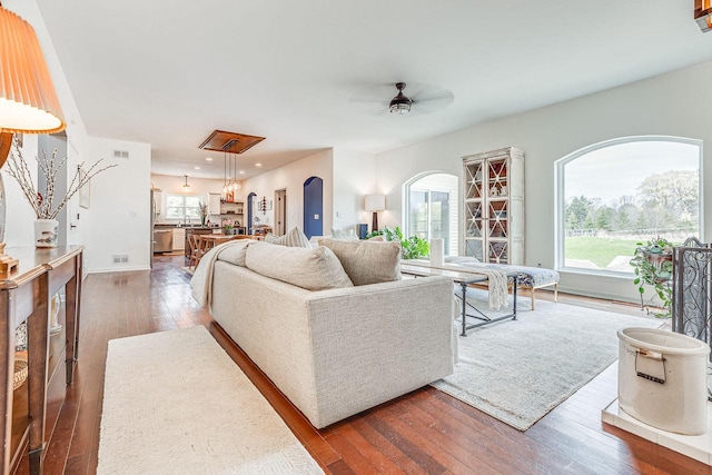 183 Twin Valley Trl, Cedar Grove, WI 53013 - living room featuring a ceiling fan, visible vents, baseboards, recessed lighting, and dark wood-type flooring