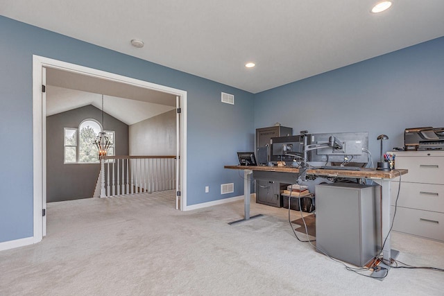 183 Twin Valley Trl, Cedar Grove, WI 53013 - office area with light colored carpet, visible vents, a chandelier, and vaulted ceiling