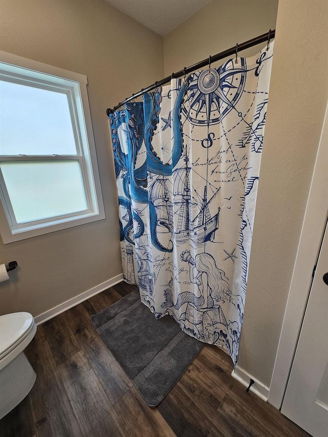 456 N Hyland St, Juneau, WI 53039 - full bathroom with wood finished floors, toilet, baseboards, and a shower with shower curtain