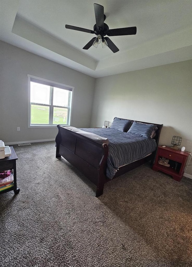 456 N Hyland St, Juneau, WI 53039 - bedroom featuring carpet, a raised ceiling, baseboards, and a ceiling fan