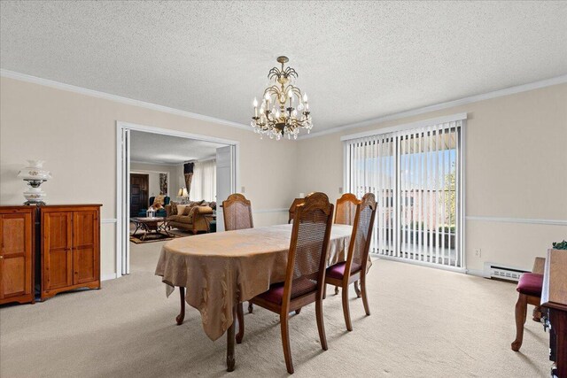 N84W16033 Menomonee Ave Unit 200, Menomonee Falls, WI 53051 - dining area featuring a chandelier, light carpet, crown molding, a textured ceiling, and a baseboard radiator