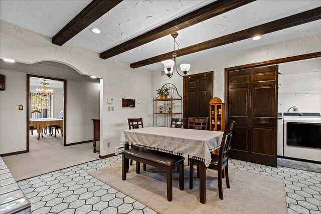 N84W16033 Menomonee Ave Unit 200, Menomonee Falls, WI 53051 - dining room with a chandelier, washer / dryer, beamed ceiling, light colored carpet, and recessed lighting