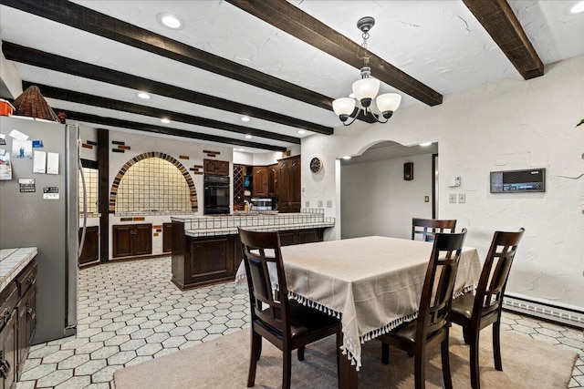 N84W16033 Menomonee Ave Unit 200, Menomonee Falls, WI 53051 - dining area featuring beam ceiling, a chandelier, a baseboard heating unit, and recessed lighting