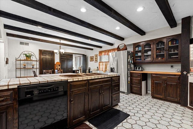 N84W16033 Menomonee Ave Unit 200, Menomonee Falls, WI 53051 - kitchen with black dishwasher, stainless steel fridge, dark brown cabinetry, beam ceiling, and glass insert cabinets
