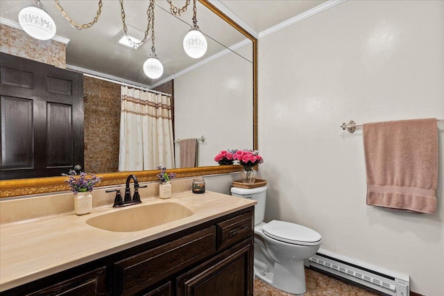 N84W16033 Menomonee Ave Unit 200, Menomonee Falls, WI 53051 - bathroom featuring a baseboard radiator, ornamental molding, vanity, and a shower with curtain