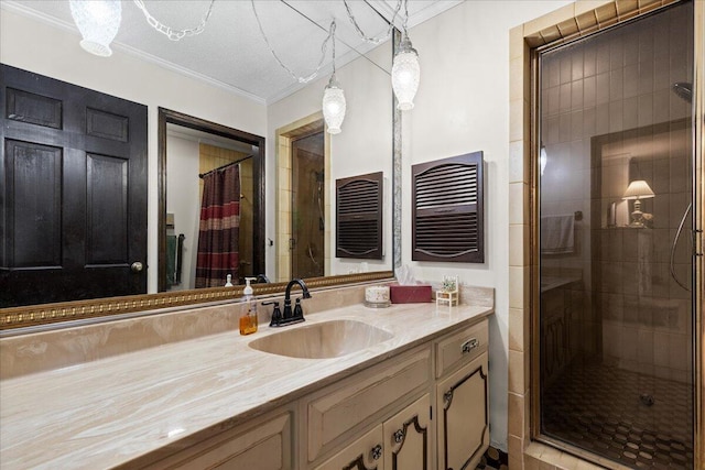 N84W16033 Menomonee Ave Unit 200, Menomonee Falls, WI 53051 - full bath with a stall shower, vanity, and ornamental molding