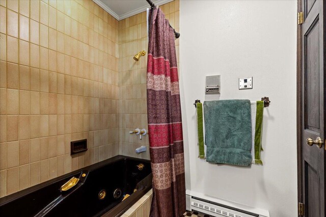 N84W16033 Menomonee Ave Unit 200, Menomonee Falls, WI 53051 - bathroom with a baseboard radiator, crown molding, and a combined bath / shower with jetted tub