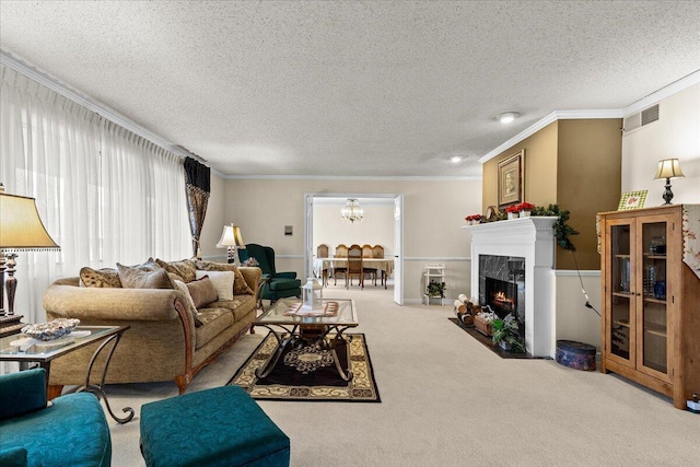 N84W16033 Menomonee Ave Unit 200, Menomonee Falls, WI 53051 - living area with crown molding, carpet floors, a textured ceiling, a chandelier, and a premium fireplace