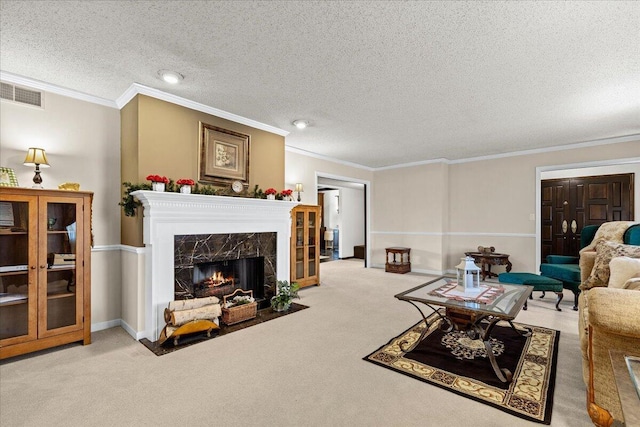 N84W16033 Menomonee Ave Unit 200, Menomonee Falls, WI 53051 - living room with carpet floors, ornamental molding, a textured ceiling, a fireplace, and recessed lighting