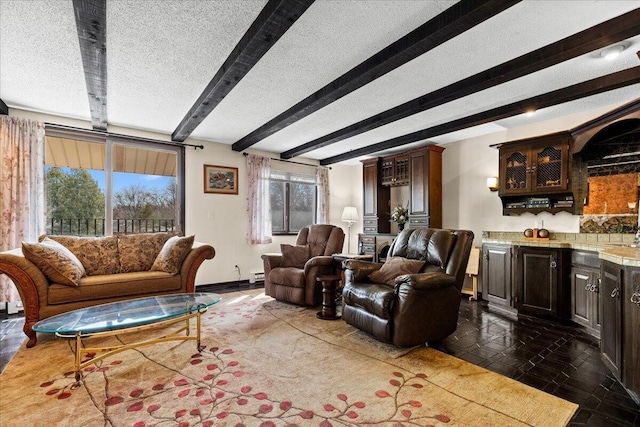 N84W16033 Menomonee Ave Unit 200, Menomonee Falls, WI 53051 - living area with a textured ceiling, beamed ceiling, and a baseboard radiator