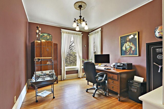 N1453 Clover Rd, Genoa City, WI 53128 - home office featuring wood-type flooring, baseboards, a chandelier, and crown molding