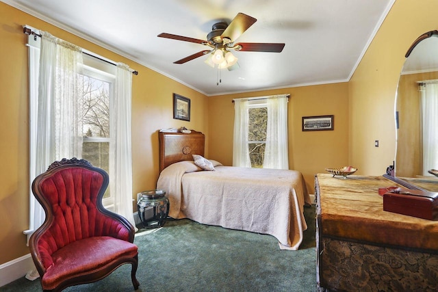 N1453 Clover Rd, Genoa City, WI 53128 - bedroom with carpet flooring, arched walkways, a ceiling fan, and ornamental molding