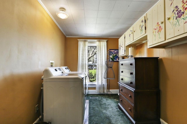 N1453 Clover Rd, Genoa City, WI 53128 - laundry area featuring laundry area, dark carpet, baseboards, ornamental molding, and washer and clothes dryer