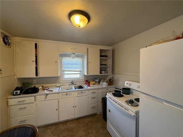 kitchen featuring a sink, open shelves, white appliances, and light countertops